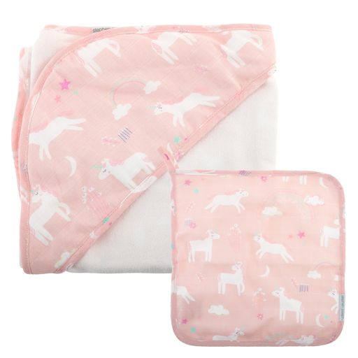 Muslin Hooded Towel With Washcloth Unicorn